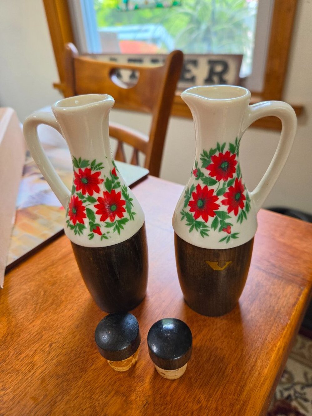 vintage mid century ceramic and wood cruet with hand painted floral pattern